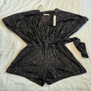 Mustard Seed women's size Large black mini sequined covered romper pockets NWT
